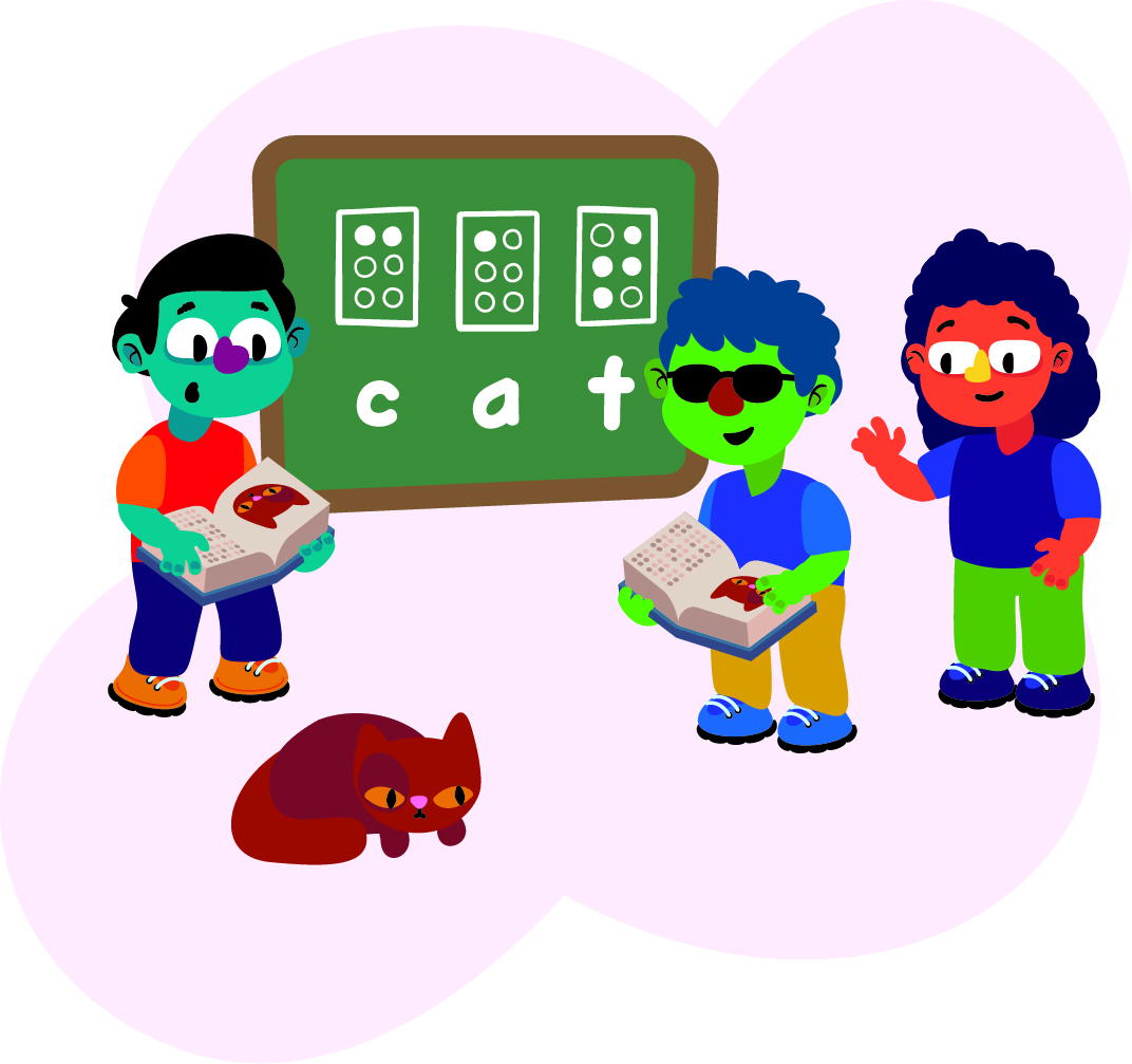 Two children are reading braille books with a blackboard displaying the word 