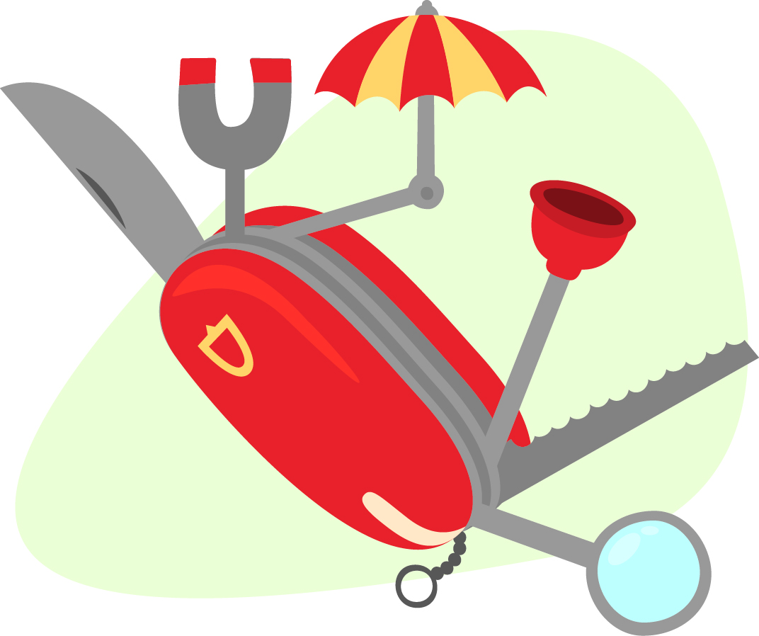 A red multi-tool gadget featuring various attachments, including a magnet, umbrella, plunger, saw blade, magnifying glass, and knife.